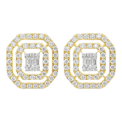 14k Solid Gold Baguette Pavé Diamond Octagon Halo Screwback Earrings 0.94 Ct. T.W