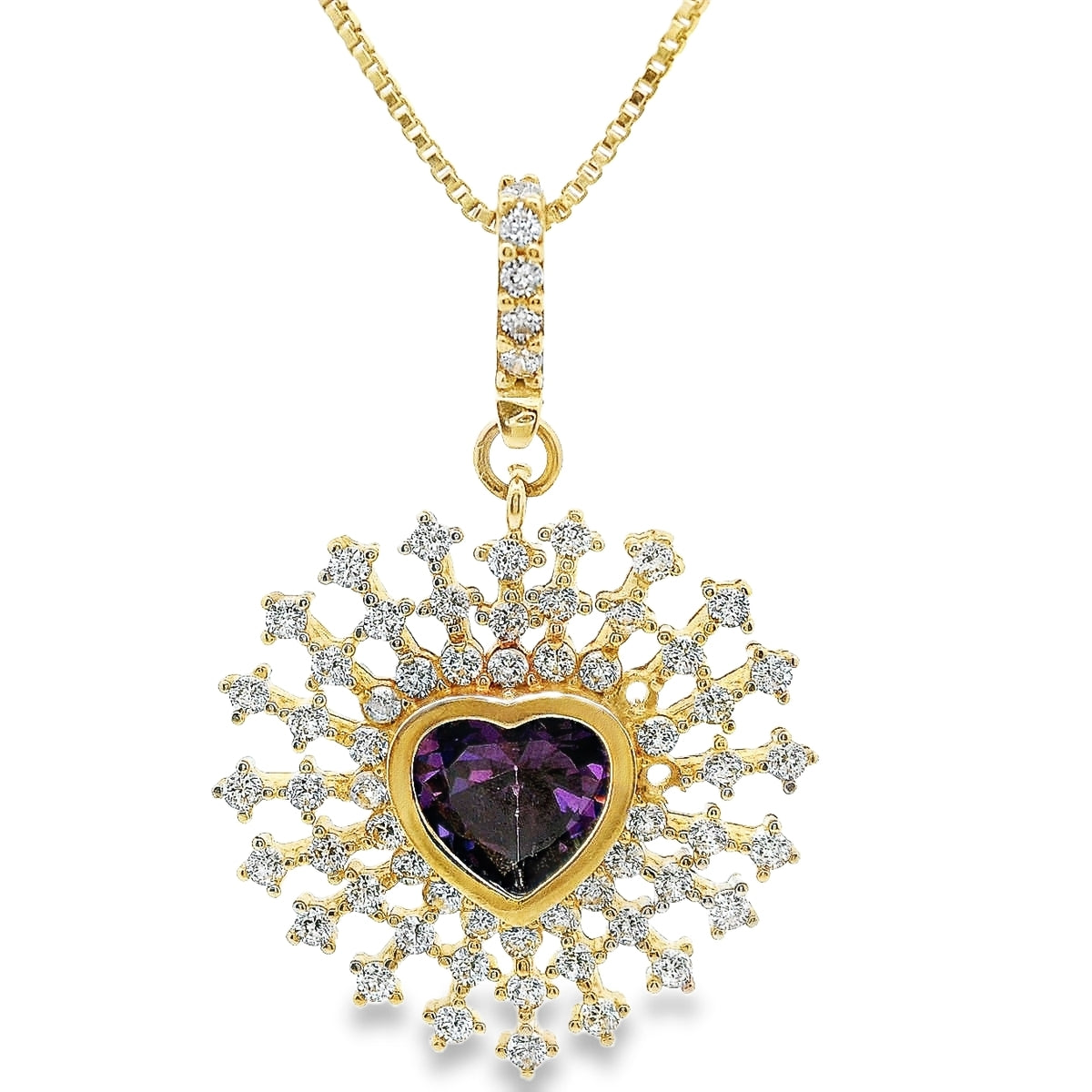 14k Gold Starburst Heart Pendant w/ Purple Center Stone and CZ