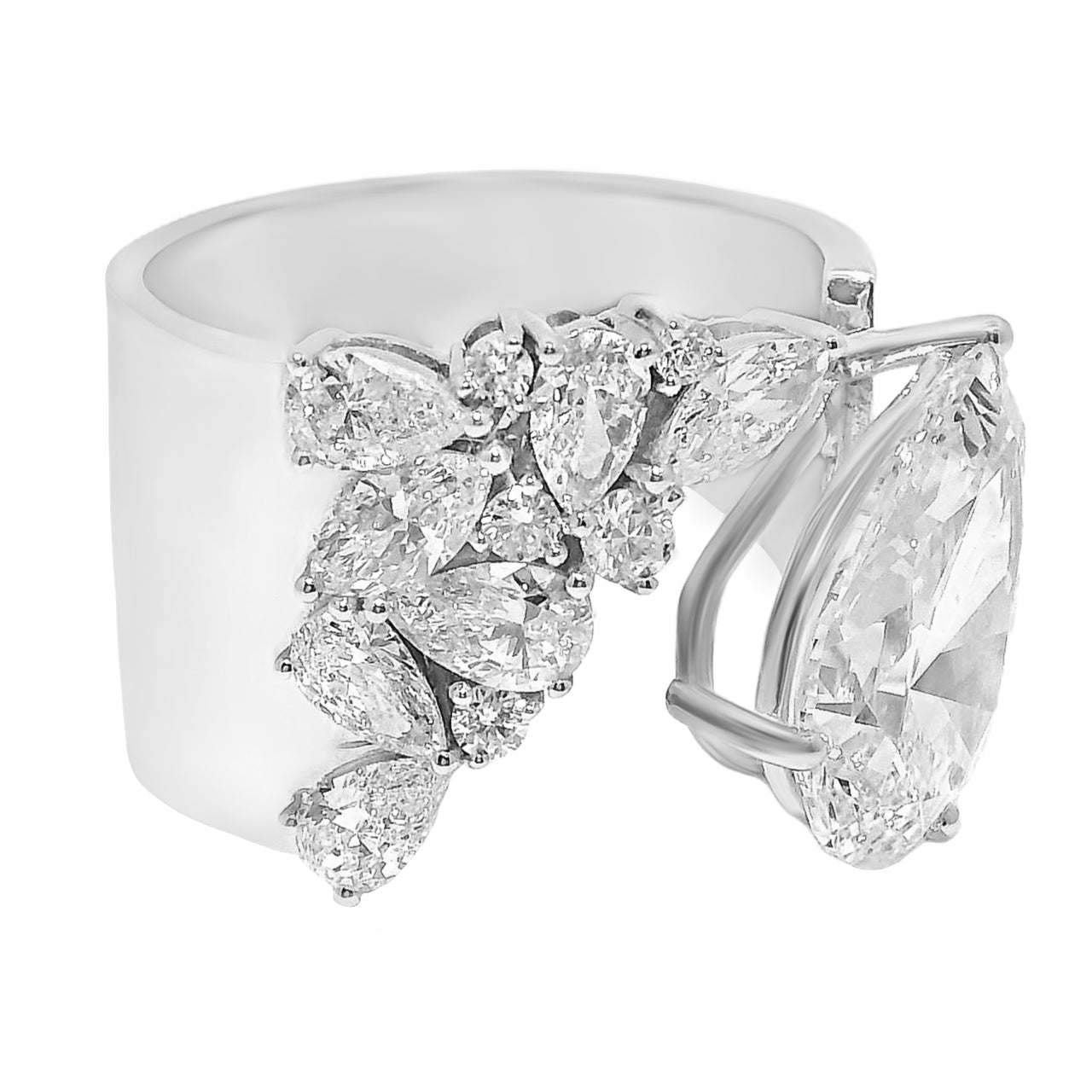 5 Carat Pear and 8.66 Carat Mixed Shape Diamond Open Cuff Ring in 18k White Gold