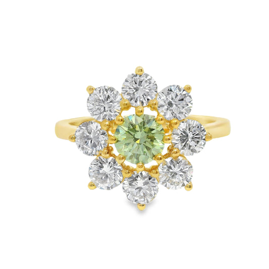 Peridot and Diamond Flower Halo 18k Yellow Gold Engagement Ring