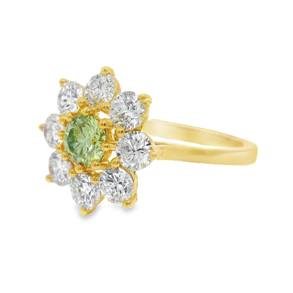 Peridot and Diamond Flower Halo 18k Yellow Gold Engagement Ring