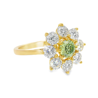 Peridot and Diamond Flower Halo 18k Yellow Gold Engagement Ring