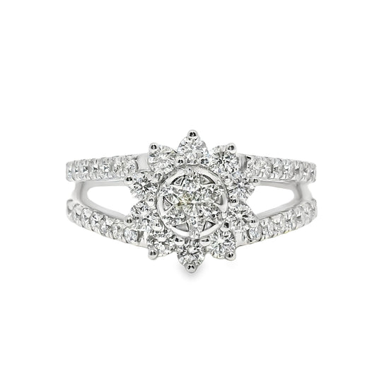 1 Carat Natural Diamond Sunflower and 14k White Gold Ring