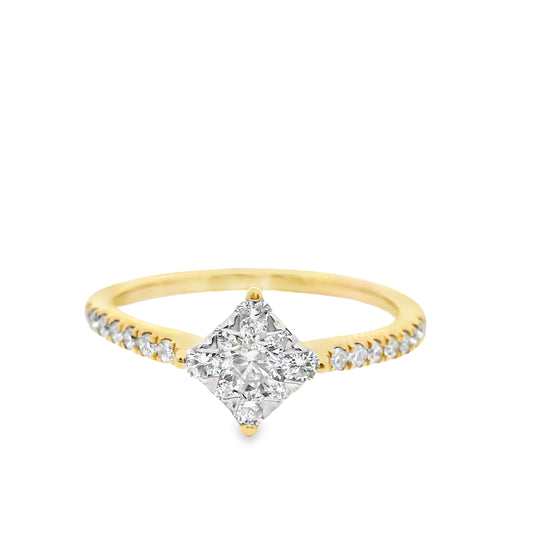 14k Yellow Gold Invisible Setting Round Cut Square Shaped Natural Diamond Engagement Ring