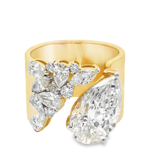5 Carat Pear and 8.66 Carat Mixed Shape Diamond Open Cuff Ring in 14k Yellow Gold