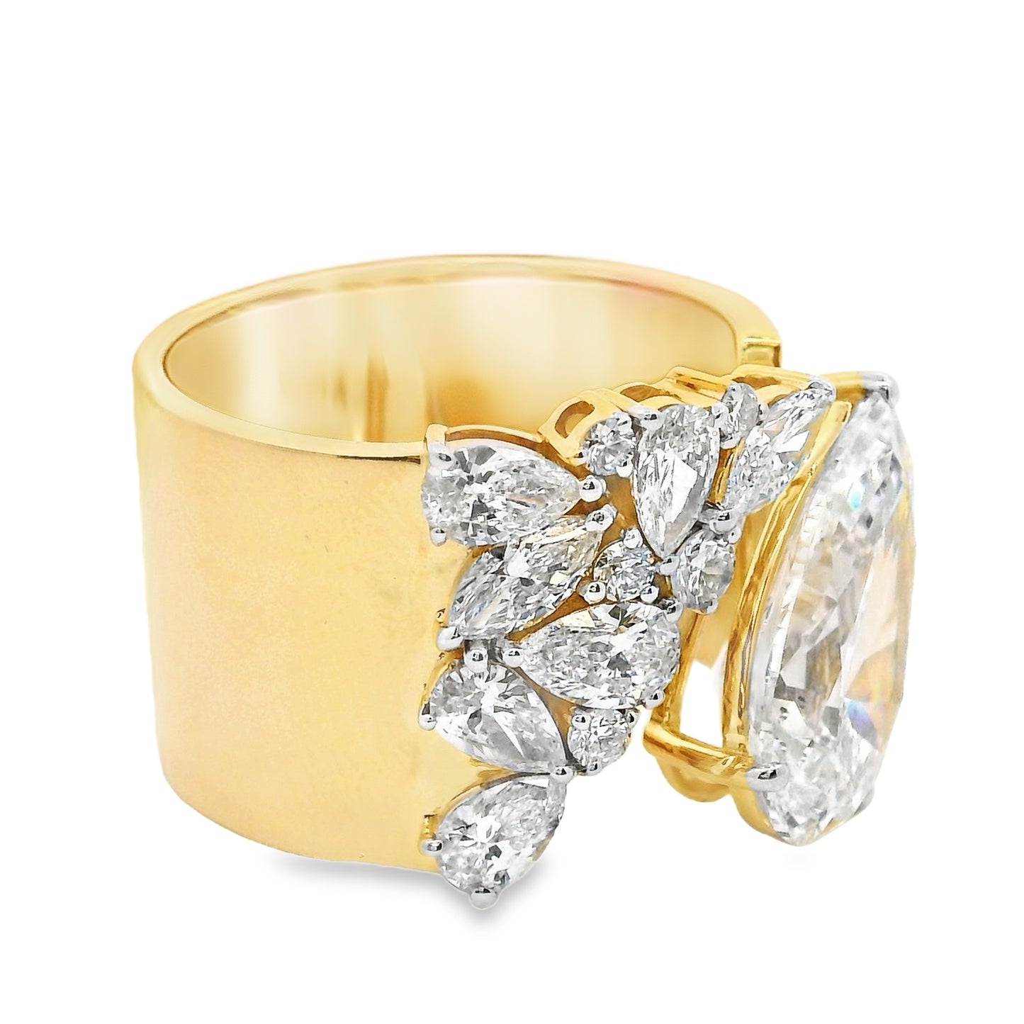 5 Carat Pear and 8.66 Carat Mixed Shape Diamond Open Cuff Ring in 14k Yellow Gold