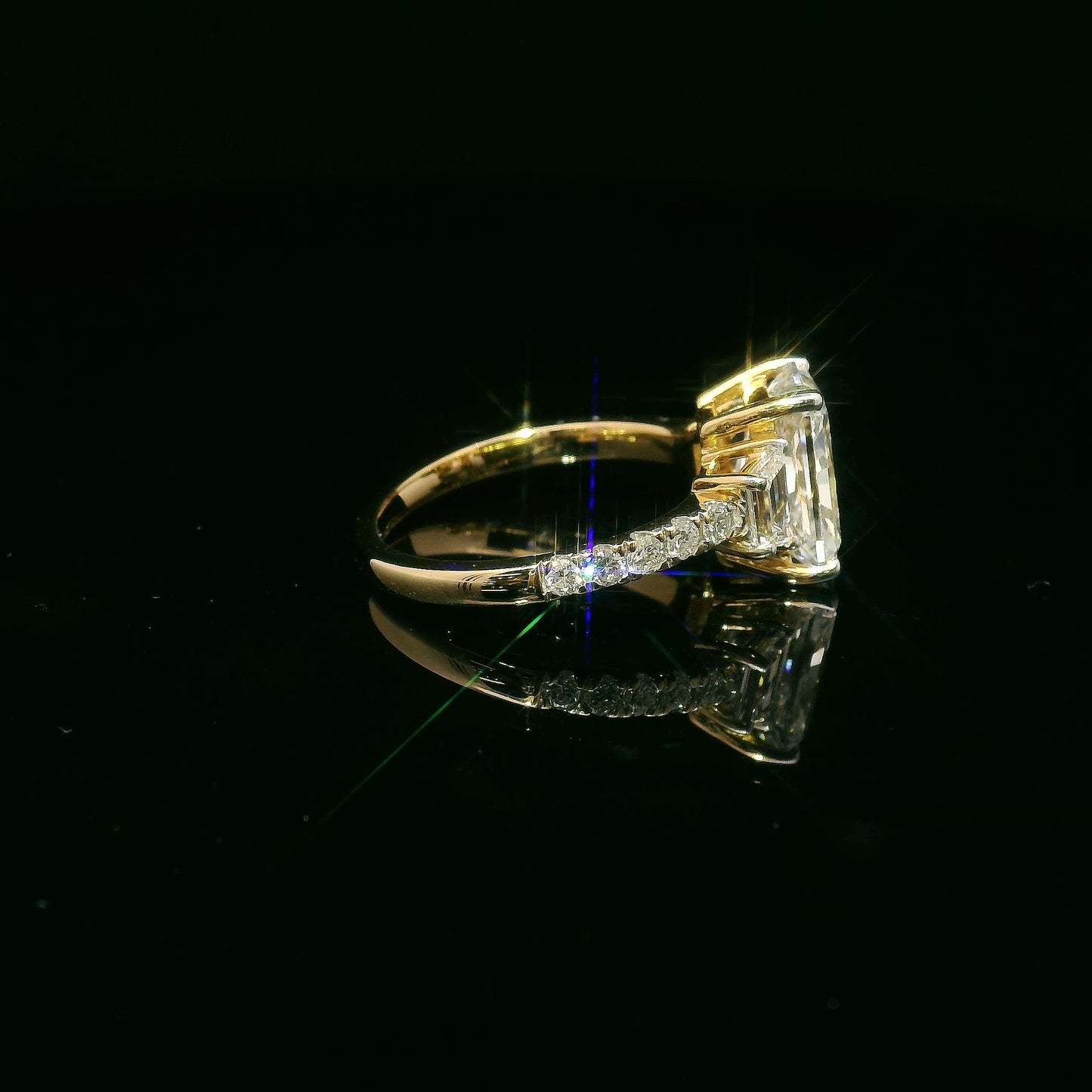 3.02 carat Radiant Lab Grown Diamond Center: 3-Stone in 18k Yellow Gold (VS1/E)