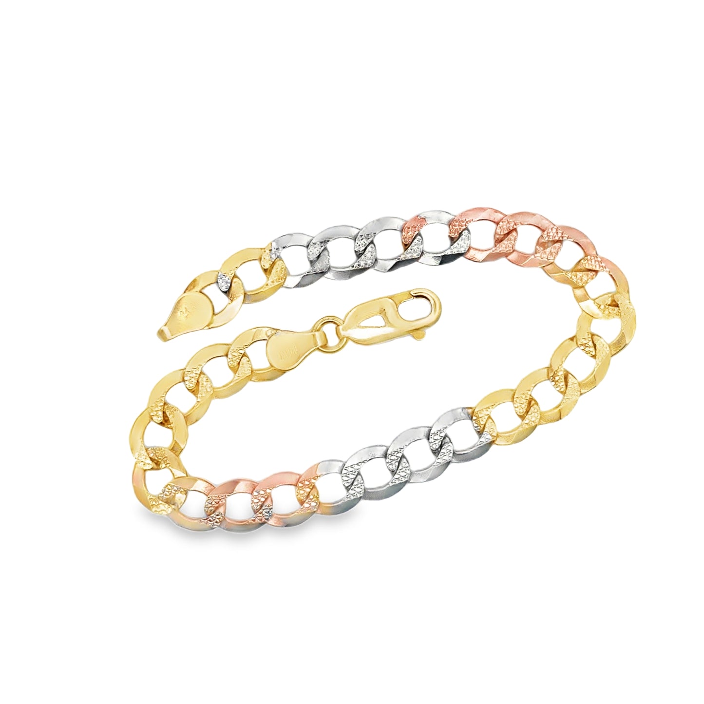 14k TriColor Gold 7mm Diamond Cut Miami Cuban Bracelet - 7"