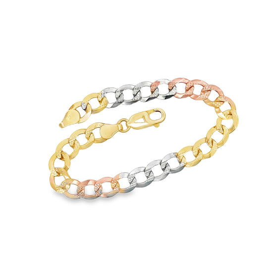 14k TriColor Gold 7mm Diamond Cut Miami Cuban Bracelet - 7"