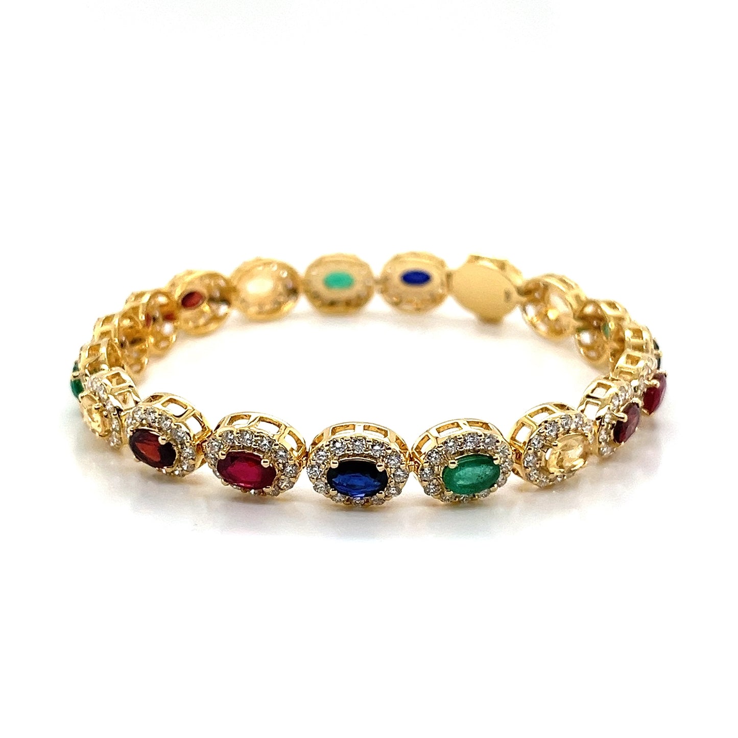 14K Gold Oval Gemstone and Diamond Halo Bracelet