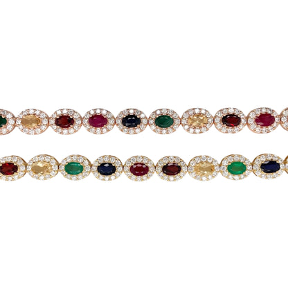 14K Gold Oval Gemstone and Diamond Halo Bracelet