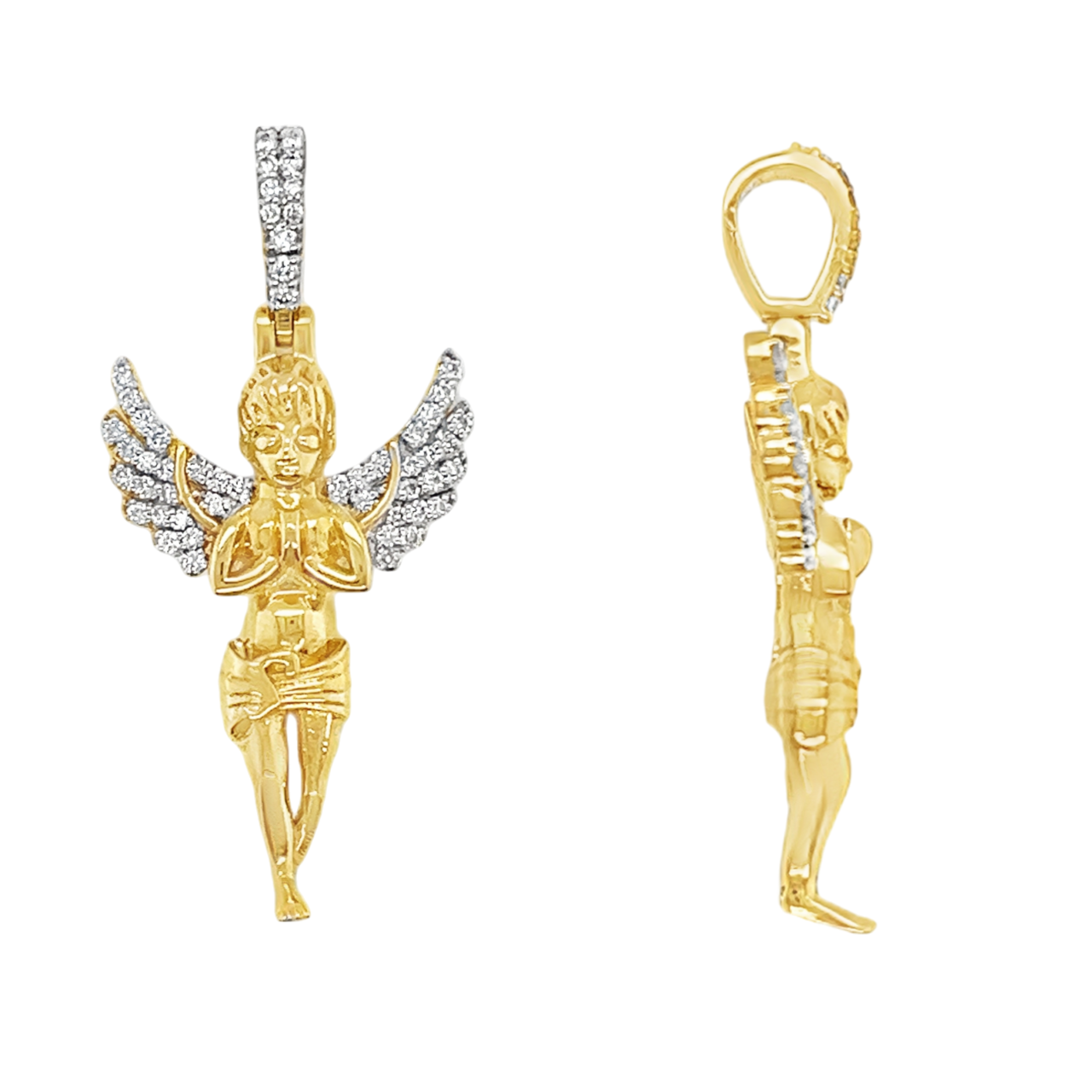 14K Gold Jumbo Praying Angel Pendant with Pave Cz