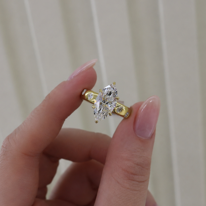 14k Gold 3.02ct Marquise Cut Lab Diamond Cigar Band Ring with Mixed Cut Accents | E/VS1