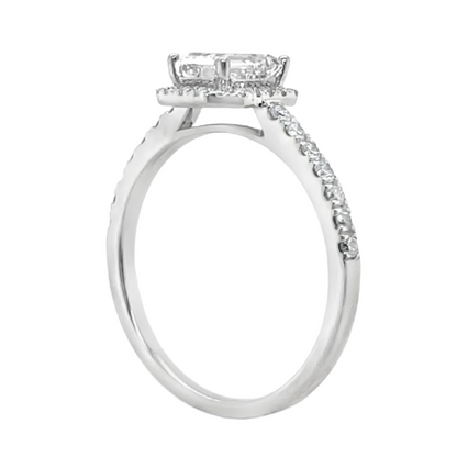 1.01 Carat Emerald Cut Halo Lab Grown Diamond in 18k White Gold with Pavé Cathedral Setting