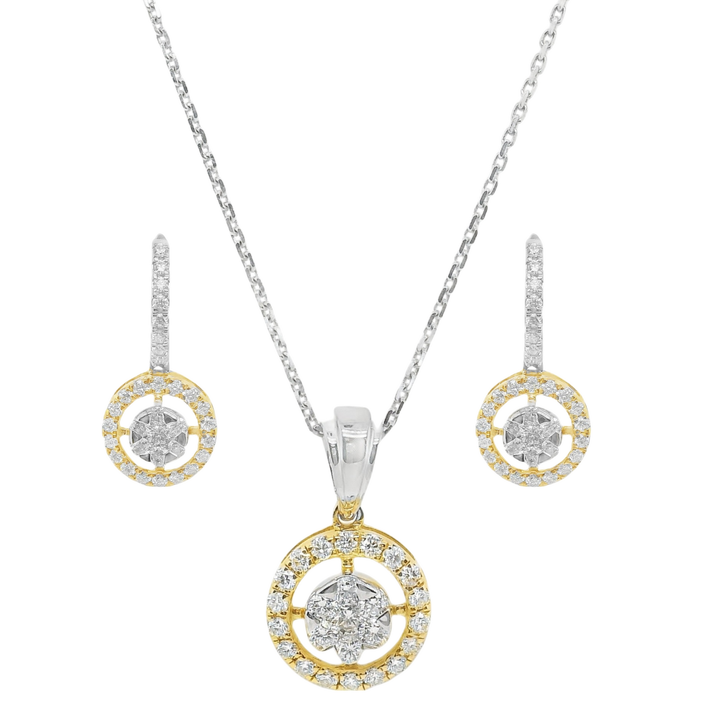 Natural Diamonds 1-1/6Ct. T.W. 14k Halo Pave Drop Earrings and Necklace Set
