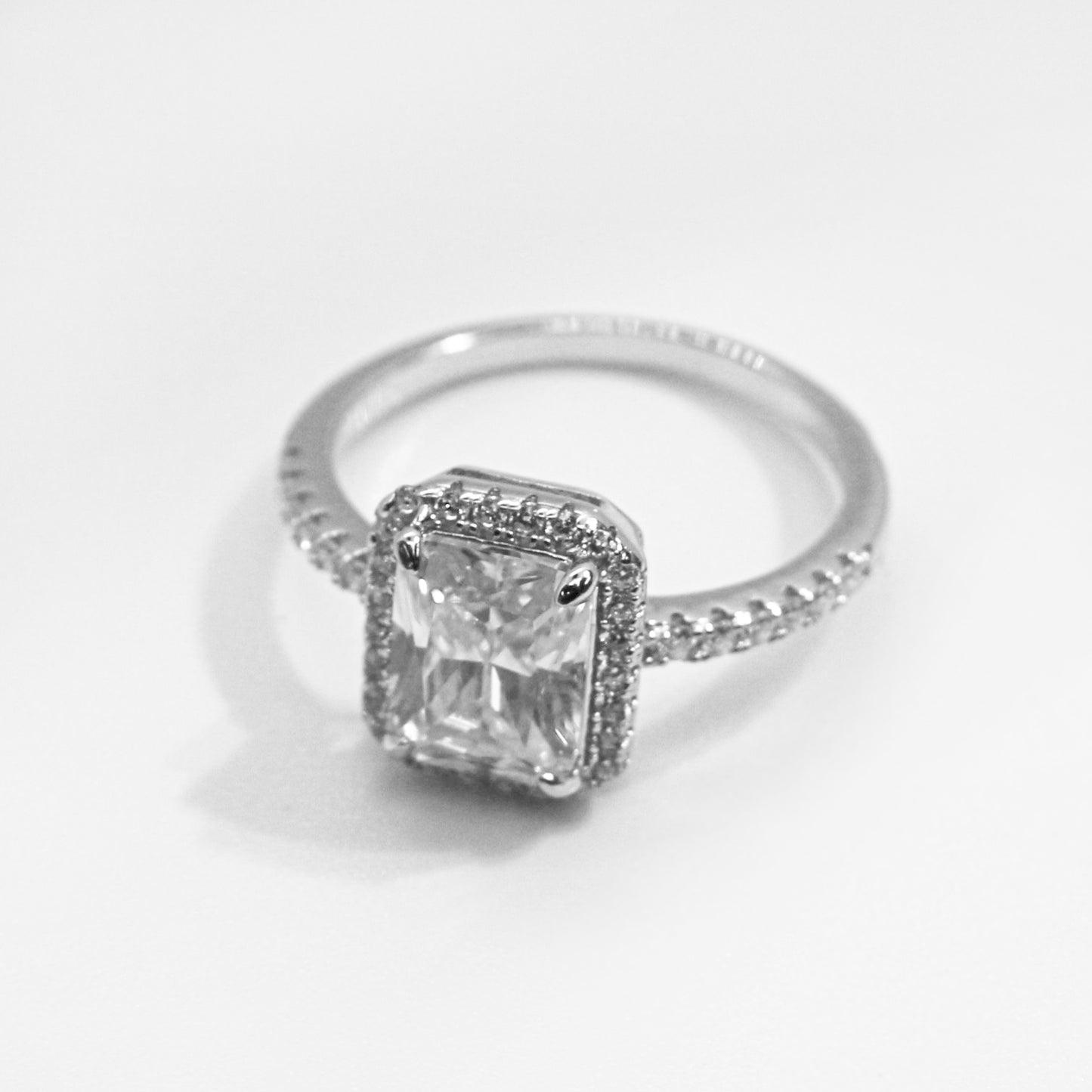 2.0ct Emerald Cut Moissanite Engagement Ring with Halo in Sterling Silver