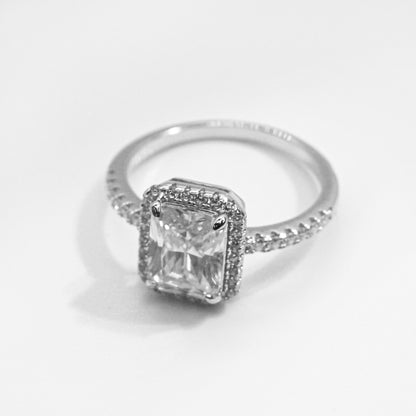 2.0ct Emerald Cut Moissanite Engagement Ring with Halo in Sterling Silver