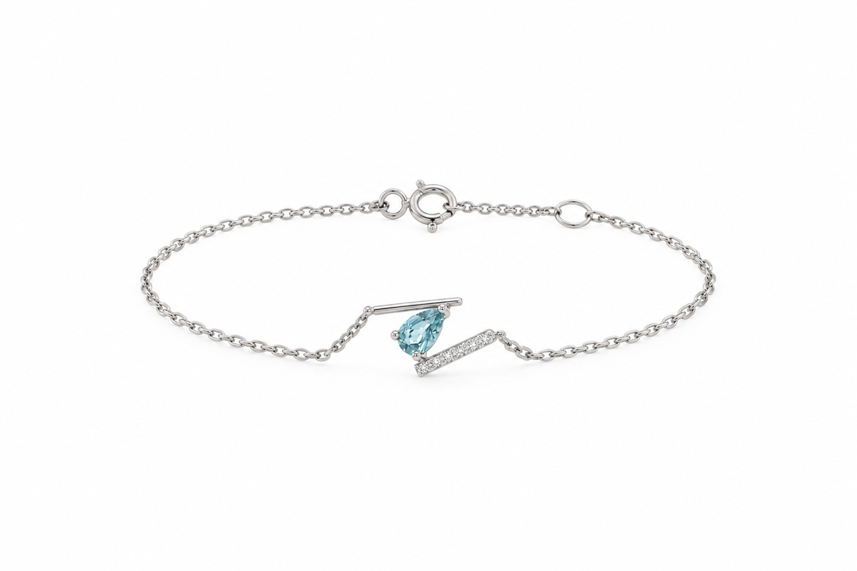 18k White Gold Natural Diamond and Aquamarine Bracelet | 0.49ct Aquamarine | 6–7"