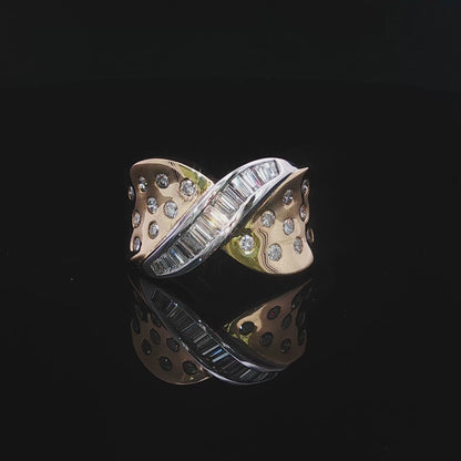 18k Yellow & White Gold Baguette & Round Natural Diamond Wave Ring | 0.70 tcw