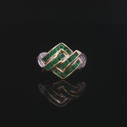 18k Yellow Gold Art Deco Style Estate Emerald & Diamond Ring | 0.38 tcw