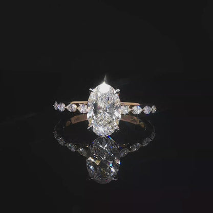 14k Gold 2.00ct Oval Cut Lab Diamond with Marquise Side Stones Engagement Ring | E/VVS2
