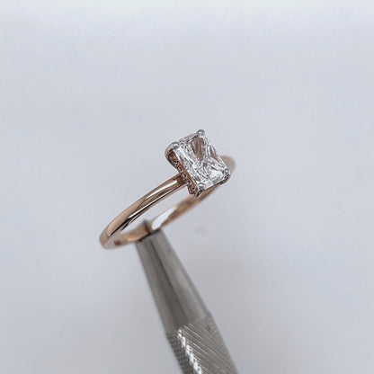 1.01 Carat Radiant Lab Grown Diamond in 18k Rose Gold Solitaire Setting with Hidden Halo