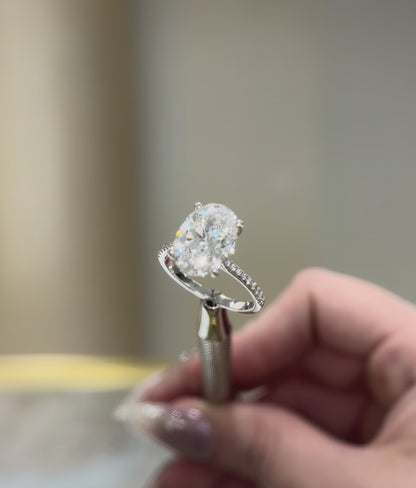 14k White Gold 4.03 Carat Oval Lab Grown Diamond Pavé Engagement Ring | E/VS2