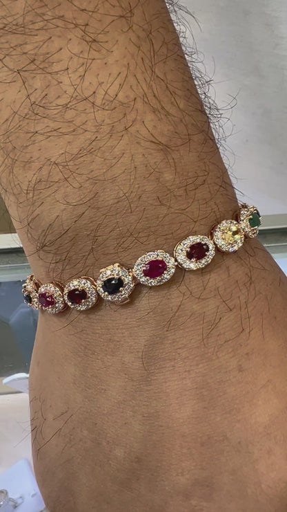 14K Gold Oval Gemstone and Diamond Halo Bracelet