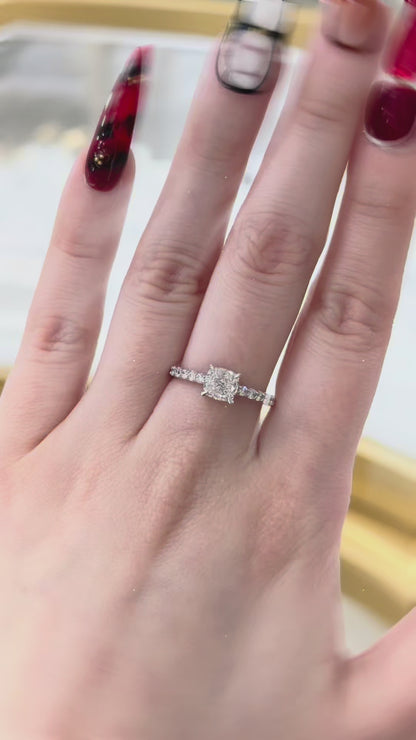 1.02 Carat Cushion Brilliant Lab Grown Diamond in 18k White Gold with Pavé Cathedral Setting