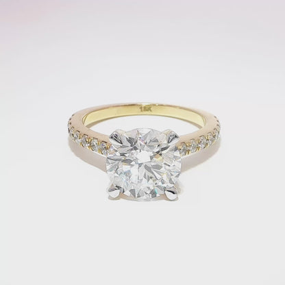 3.05 Carat Round Brilliant Lab Grown Diamond in 18k Yellow Gold Pave Cathedral Setting