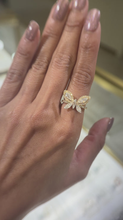 14k Gold Natural Diamond Two Tone Butterfly Ring (0.80 tcw)