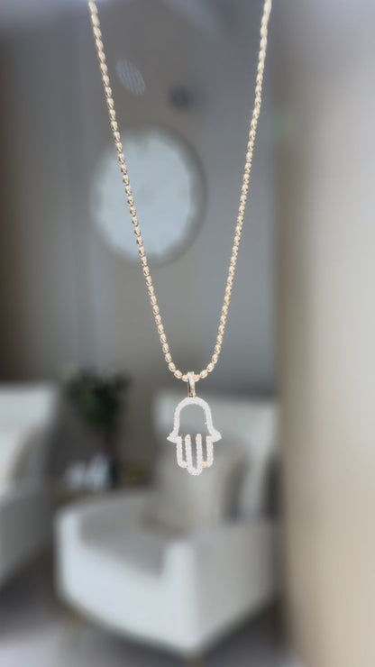 14k Yellow Gold Natural Diamond Hamsa Hand Pendant (0.13ctw)