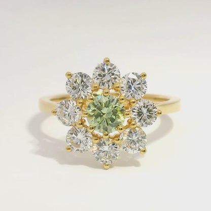 Peridot and Diamond Flower Halo 18k Yellow Gold Engagement Ring