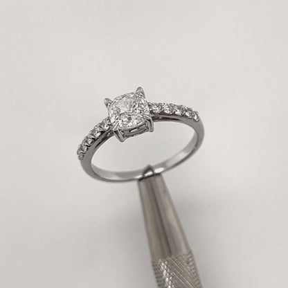 1.02 Carat Cushion Brilliant Lab Grown Diamond in 18k White Gold with Pavé Cathedral Setting