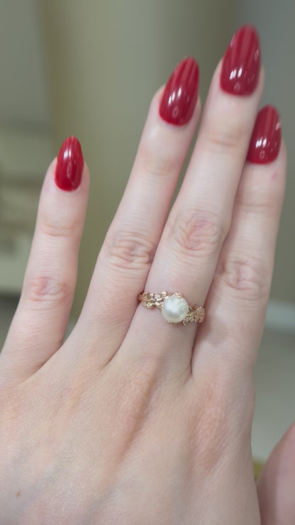 18k Rose Gold Pearl and Diamond Leaf Bypass Ring