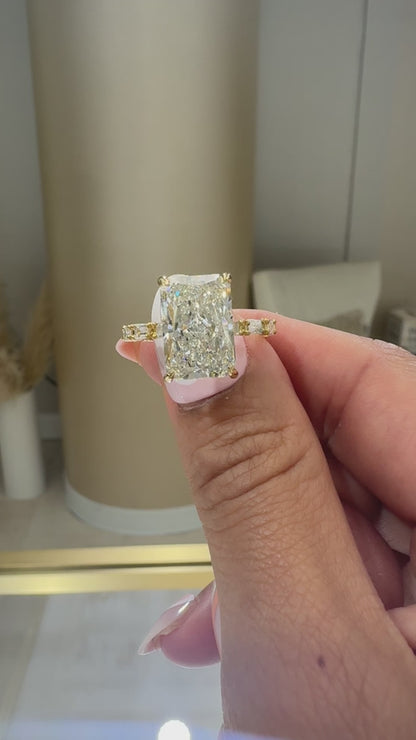 18k Yellow Gold and 5.59ct. Lab Grown Radiant Engagement Ring with East/West Emerald Band