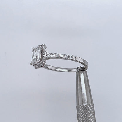 1.01 Carat Emerald Cut Halo Lab Grown Diamond in 18k White Gold with Pavé Cathedral Setting