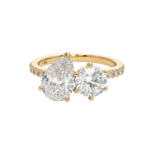 14k Gold Toi et Moi Engagement Ring | 1.05ct Round D/VS1 & 1.51ct Pear E/VS1 Lab Diamonds