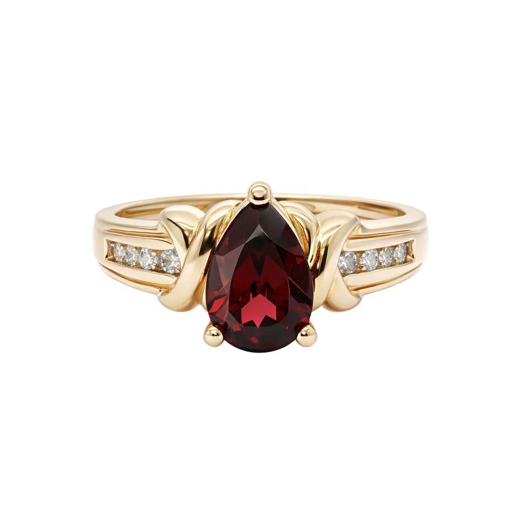 14k Gold Pear Shape Garnet and Natural Diamond Ring | 1.00 tcw