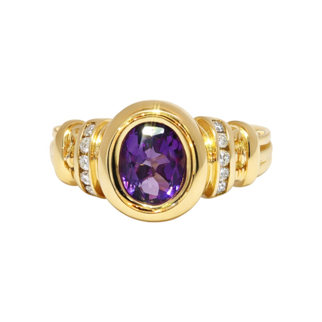Chunky 14K Gold Oval Amethyst Ring with Channel-Set Natural Diamonds | 1.00tcw
