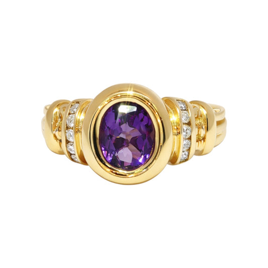 Chunky 14K Gold Oval Amethyst Ring with Channel-Set Natural Diamonds | 1.00tcw