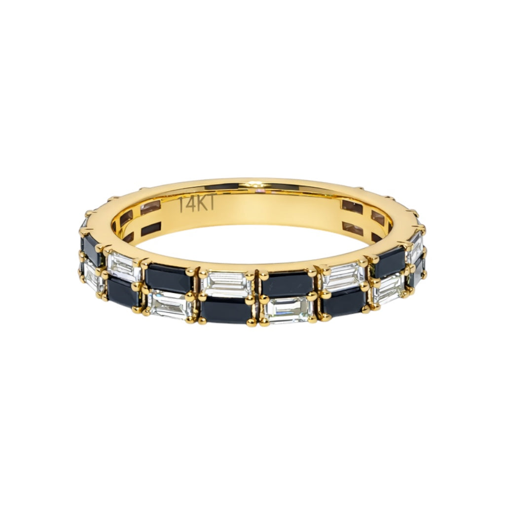 14k Gold Black and White Lab Grown Diamond Checkerboard Ring with Baguette Cuts