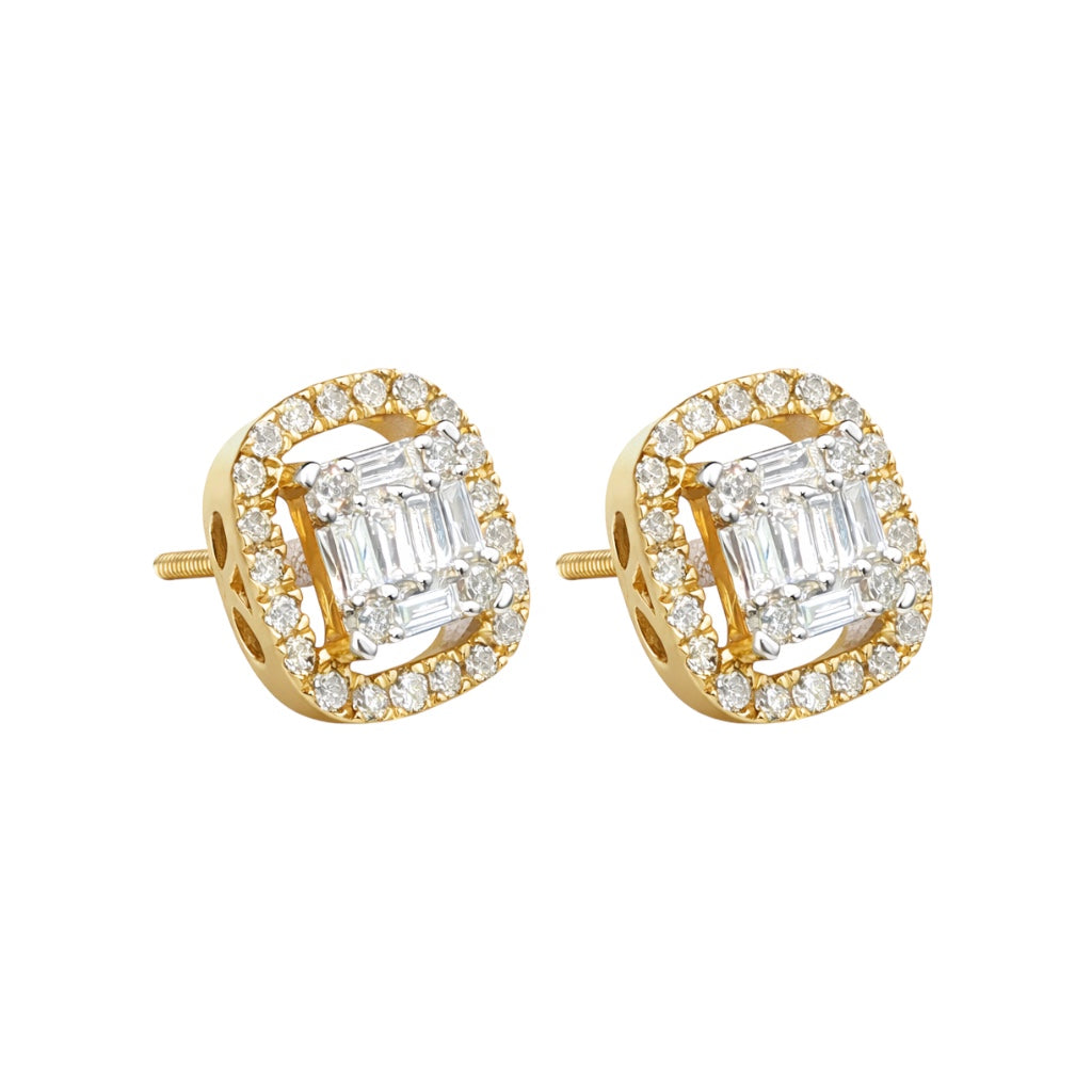 14k Yellow Gold Round Baguette Diamond Screw Back Earrings (1.0tcw)