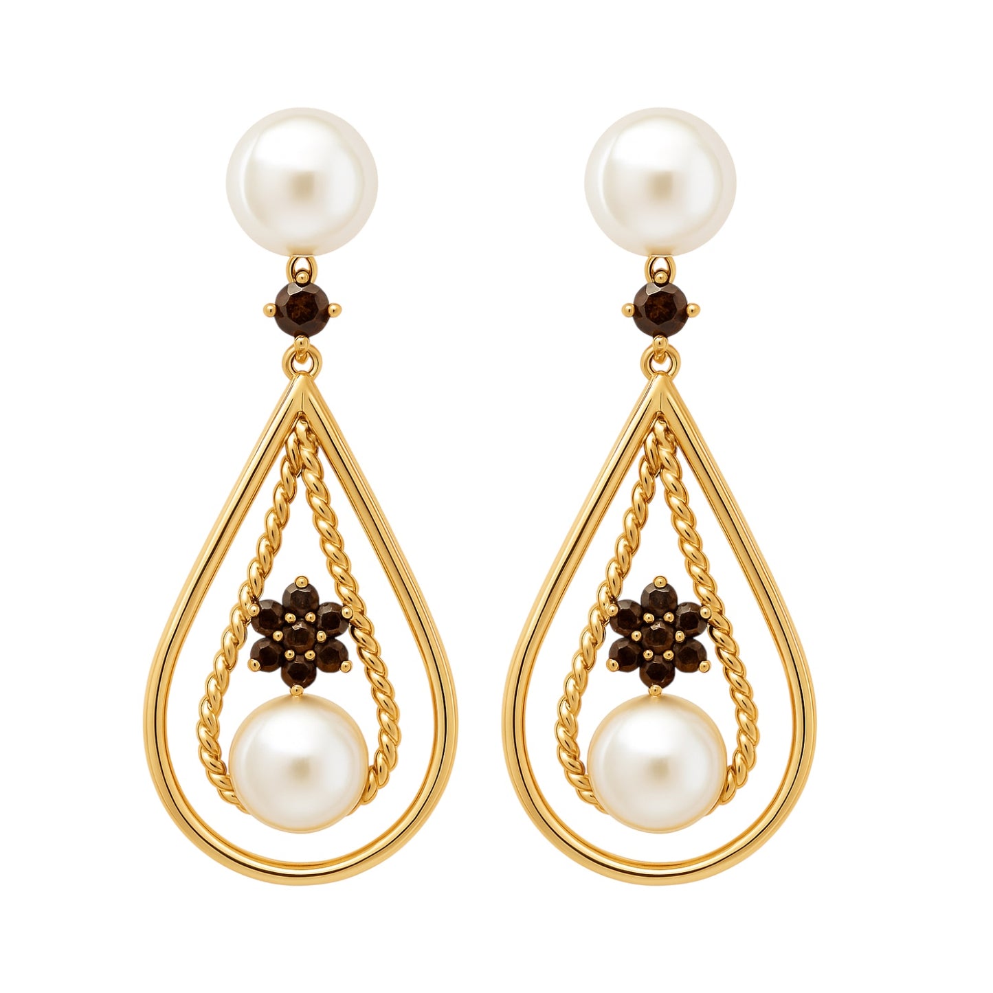 14k Yellow Gold Chocolate & Champagne Diamond Drop Earrings with Freshwater Pearls
