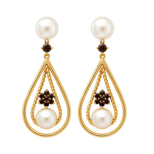 14k Yellow Gold Chocolate & Champagne Diamond Drop Earrings with Freshwater Pearls