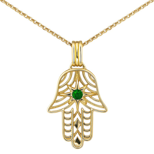 14k Gold and Emerald Hamsa Hand Necklace - 17"