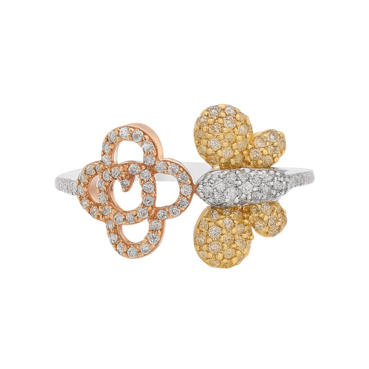 14k TriColor Ring Butterfly and Rose Ring with Natural Diamonds (0.65 tcw)