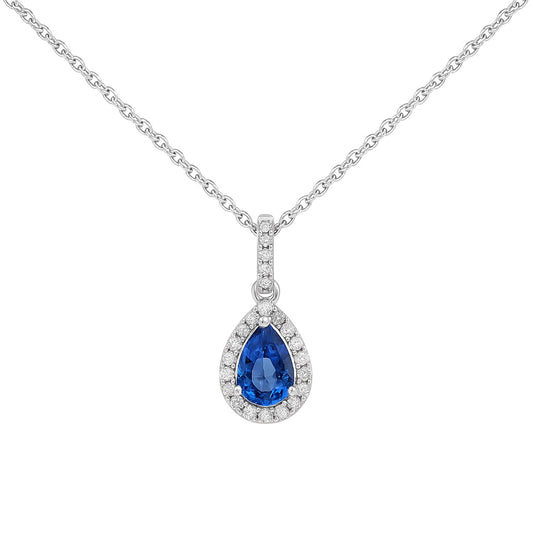 Pear-Shaped Cornflower Ceylon Sapphire Pendant in 14k White Gold with Natural Diamonds